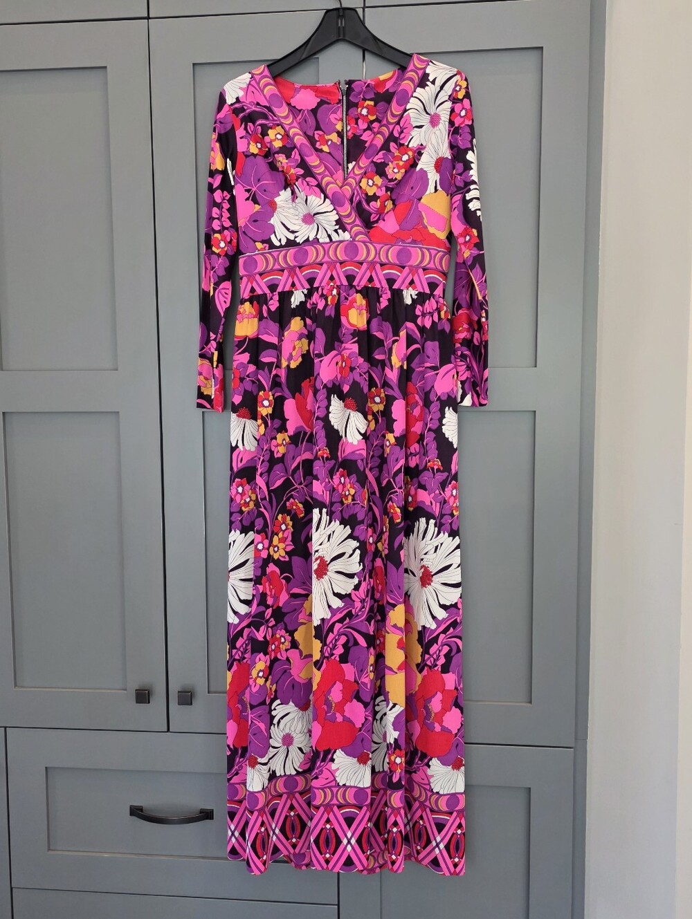 VTG 60s 70s Floral Long Sleeve Maxi Dress Rear Zip MCM Psychedelic Retro Size 14
